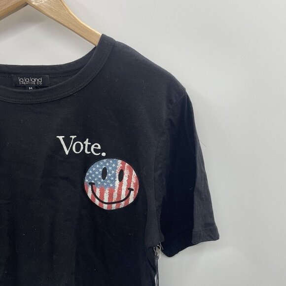 La La Land Creative Co Womens Medium Vote Tshirt Crop Top Happy Face Black 2430 - Picture 4 of 8